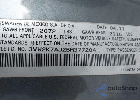 2011 Volkswagen Jetta 2.0L S из США, поврежденный, VIN 3VW2K7AJ2BM377204